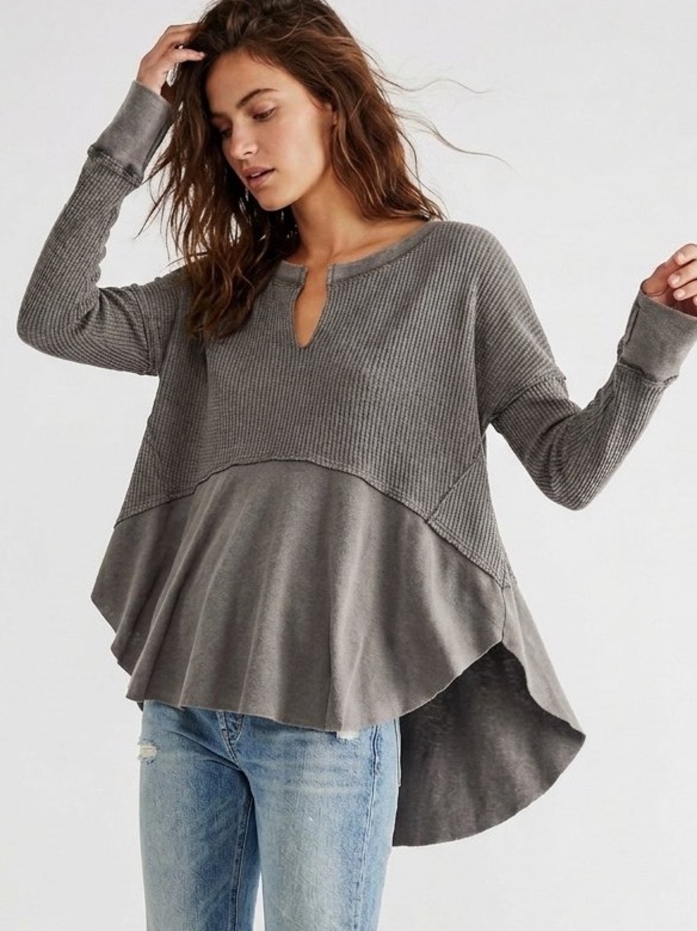 We The Free Vada Thermal Oversized Waffle Knit Top Gray Small
